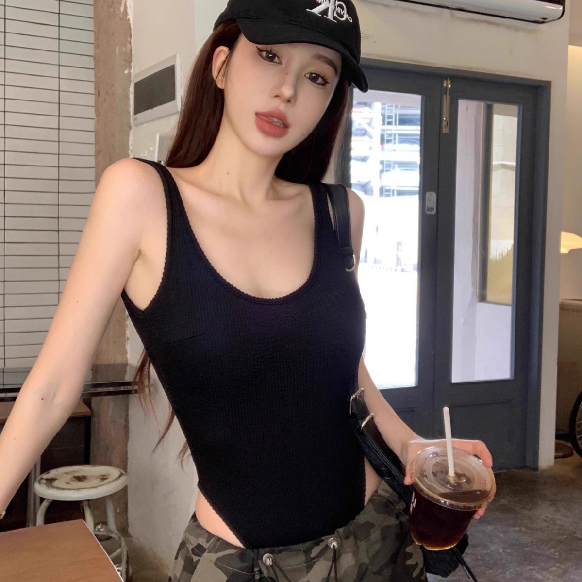Suspender Tank Top - 블랙 스트랩 바디수트 섹시한 백리스 리브